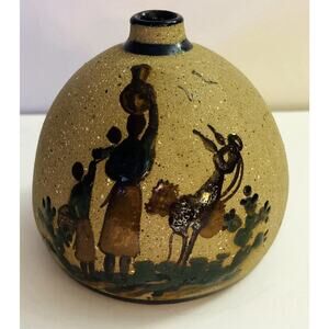 Vintage Tonala Mexican Pottery Folk Art Mother&Child Donkey Star Signed Bud Vase